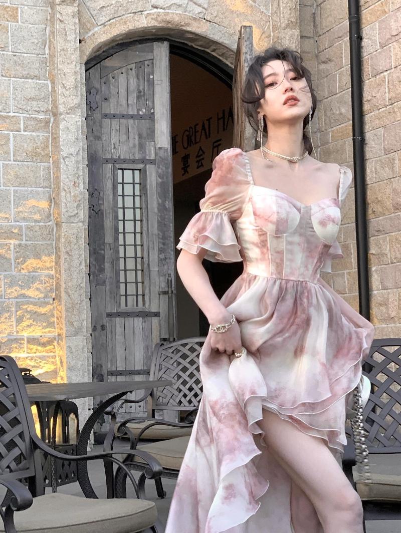

Party Dresses Floral Princess Ball Gown Dress For Women 2023 Fashion Elegant Ruffles Bubble Sleeve V Neck Summer French Sweet Fairy Long, Sky blue