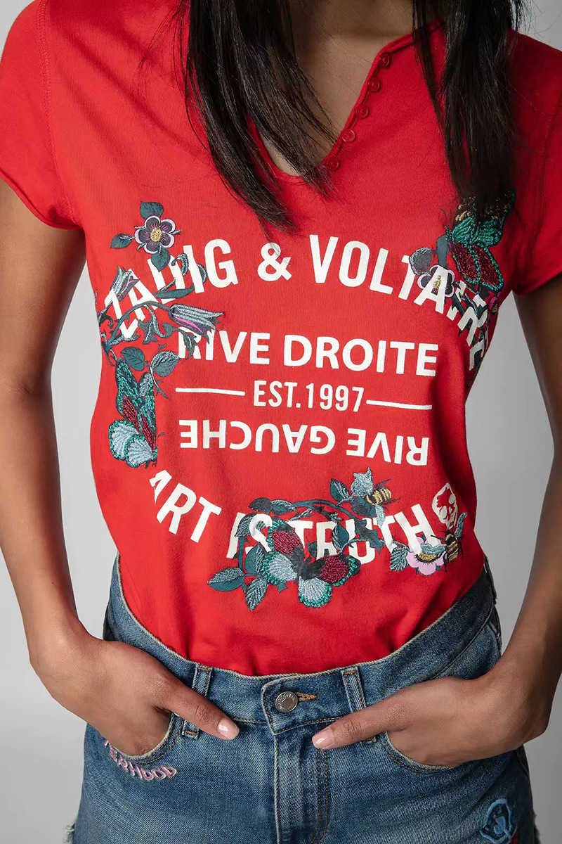 

Zadig Voltaire 23ss Summer Cotton New Women Designer shirt Classic Letter Flower Embroidery u Neck Sleeve Tops QZVE, Red2