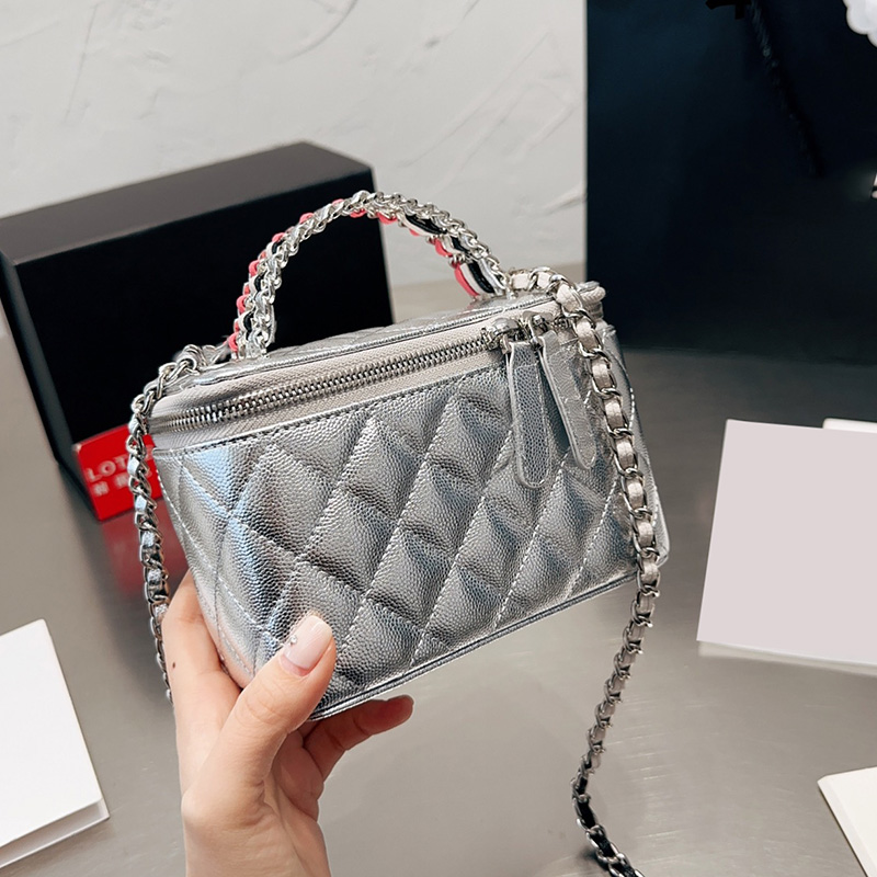 

Womens Metallic Shiny Calfskin Vanity Bags With Mirror Caviar Leather Gold/Silver Metal Hardware Matelasse Crossbody Card Holder Purse Rainbow Top Handle Tote 17CM, Box1