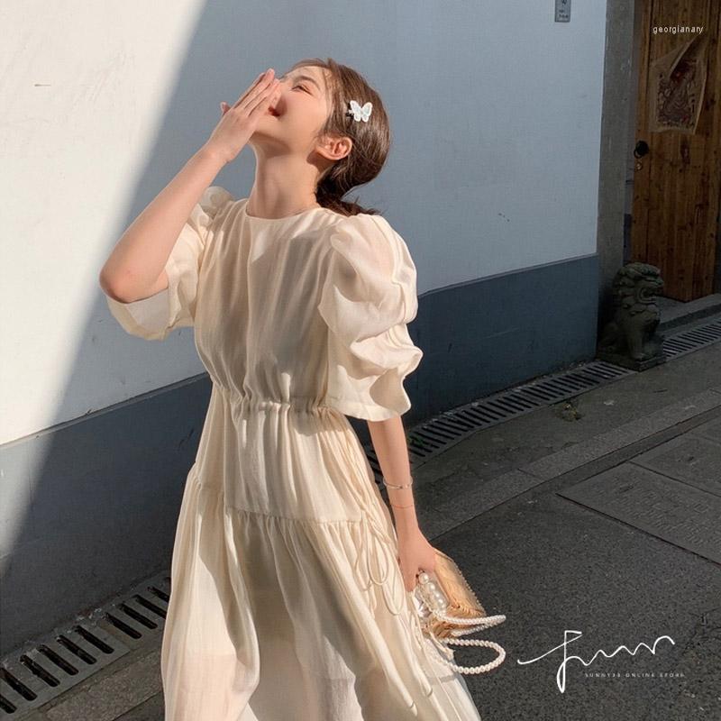 

Party Dresses Korean Chic Gentle Temperament Puff Sleeve Pleated Dress Summer Round Neck Drawstring Lace-Up Waist Design Stitching Long, Black