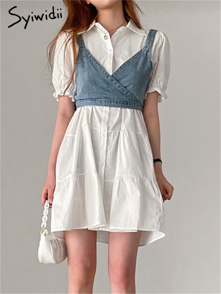 

Two Piece Dress Syiwidii Sets Womens Outifits Short Sleeve Turn Down Collar Single Breasted Shirt Sleeveless Jeans Tank Top Set 230512, White