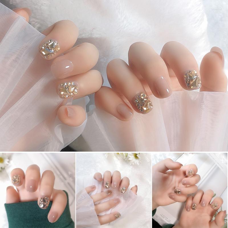 

False Nails 2023 Fake Nail Patch Short Round Head Full Rhinestones Art Finished T24PCS Tool, White