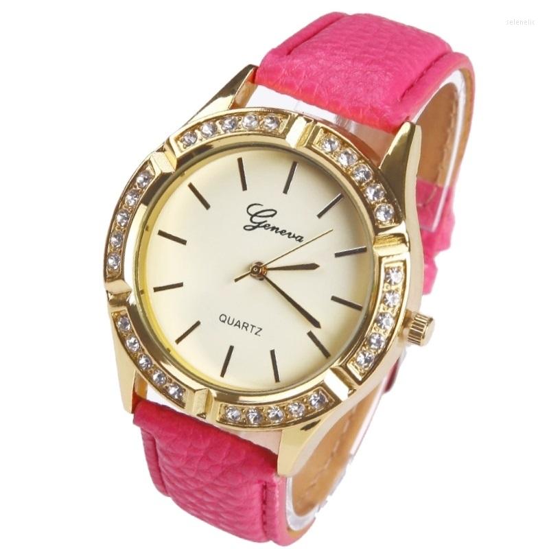 

Wristwatches Gnova Platinum Rhinestone Golden Watch Women Geneva Style 7 Point Stars Crystal Rim PU Leather Quartz Fashion Woman Wristwatch, Pink