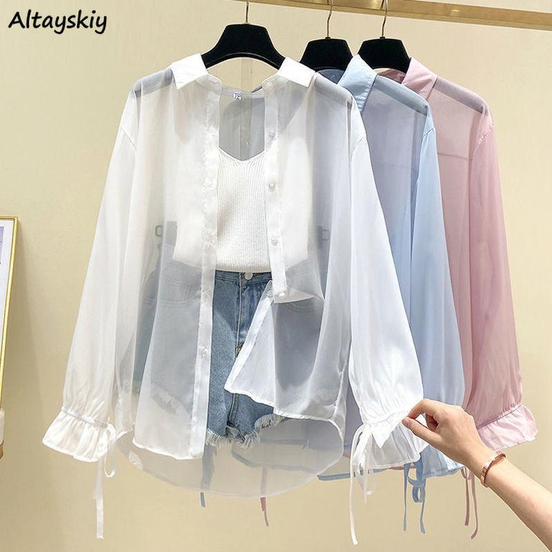 

Shirts Shirts Women Sunproof Thin Summer Transparent Fashion Casual Ulzzang Retro Sweet Cool Streetwear Holiday Allmatch Beach Young, Blue