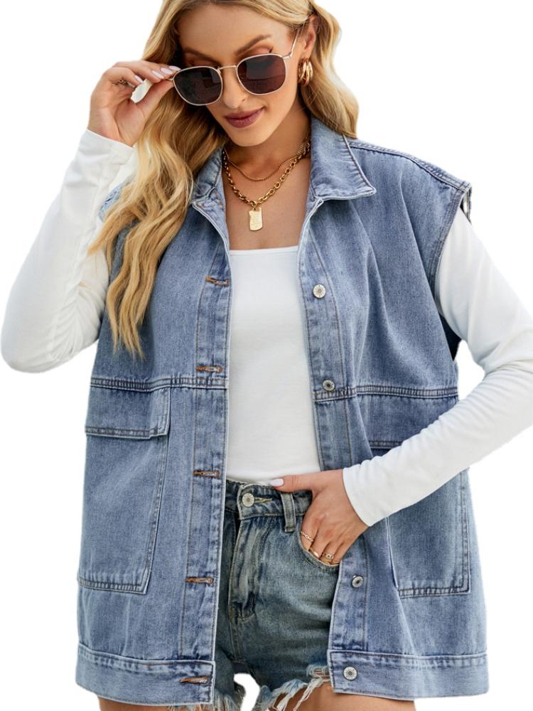 

Vests Women Sleeveless Solid Button Denim Waistcoat Denim Vest, Blue