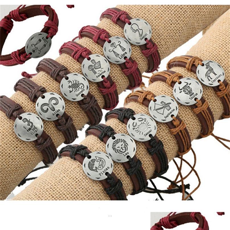 

Bangle 12Pcs/Lot Fashion 12 Zodiac Signs Leather Bracelet Constellations Charm Bracelets Adjustable Cuff Jewelry Gifts 220517 Drop De Dhxuw