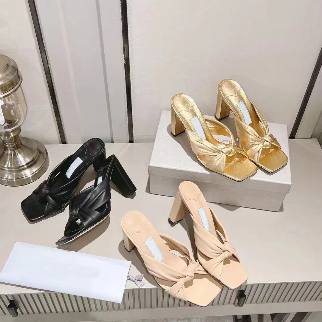 

Thick heeled slippers fashionable women high heels luxurious designer sandals pleated sheepskin super soft and comfortable square toe 8CM banquet scuffs, Black