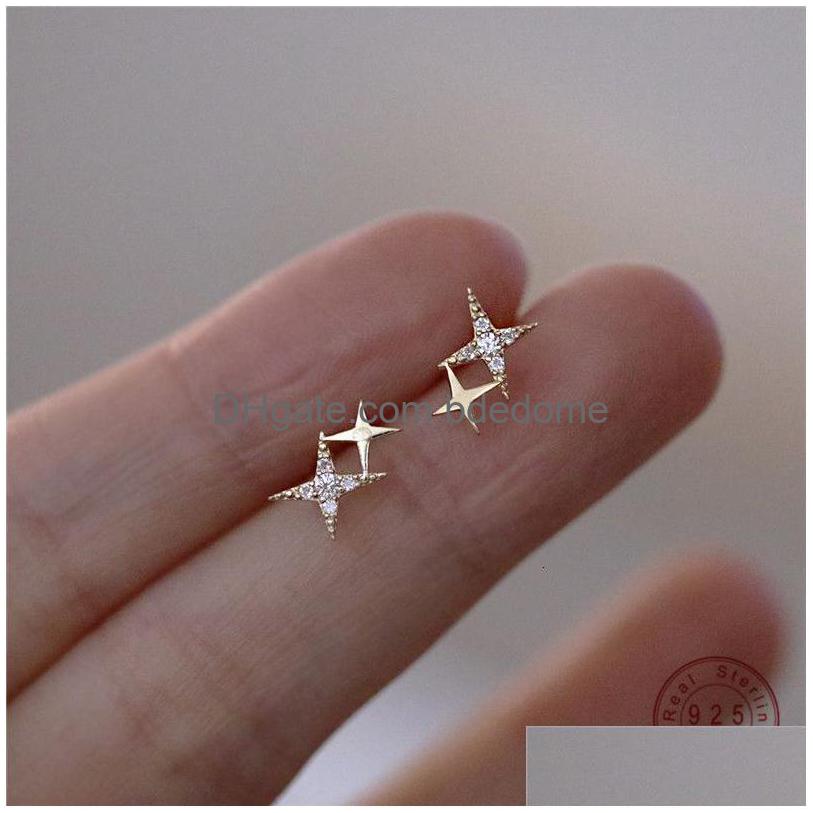 

Stud 925 Sterling Sier Japanese Micro Inlaid Crystal Fourpointed Star Plating 14K Gold Earrings Women Small Cute Banquet Jewelry Dro Dhymm
