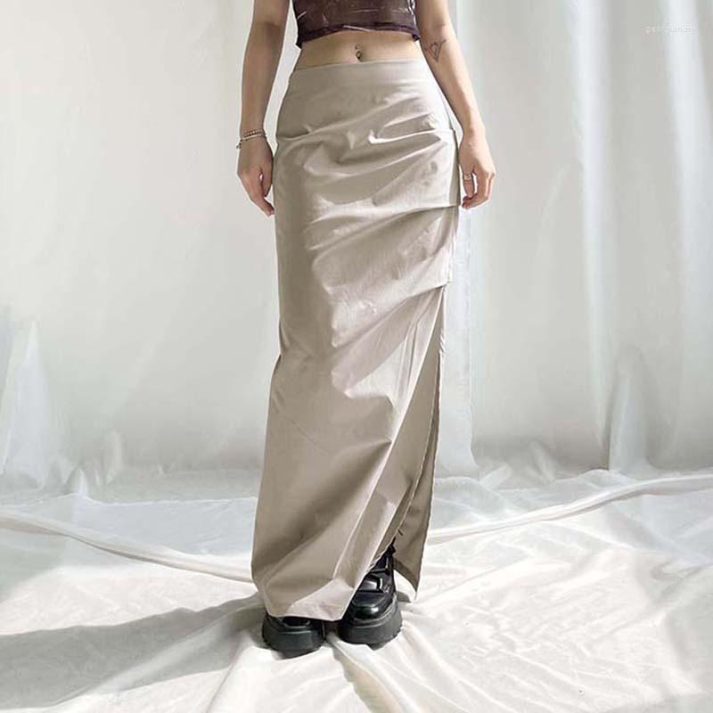 

Skirts Y2k Women High Waist Retro Ruched Cargo Harajuku Fashion Low Solid Long Skirt Slit Tech Outfits Korean, As shown