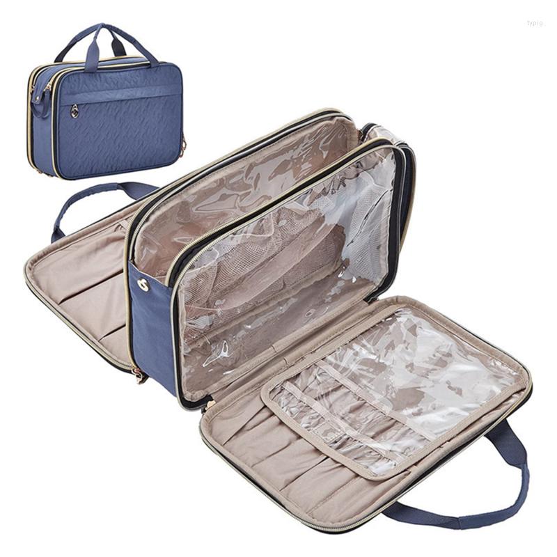 

Cosmetic Bags Large Makeup Bag Organizer Three-Layer Case For Female Travel Storage Multifunction Tool Brush Toiletries, B-pink