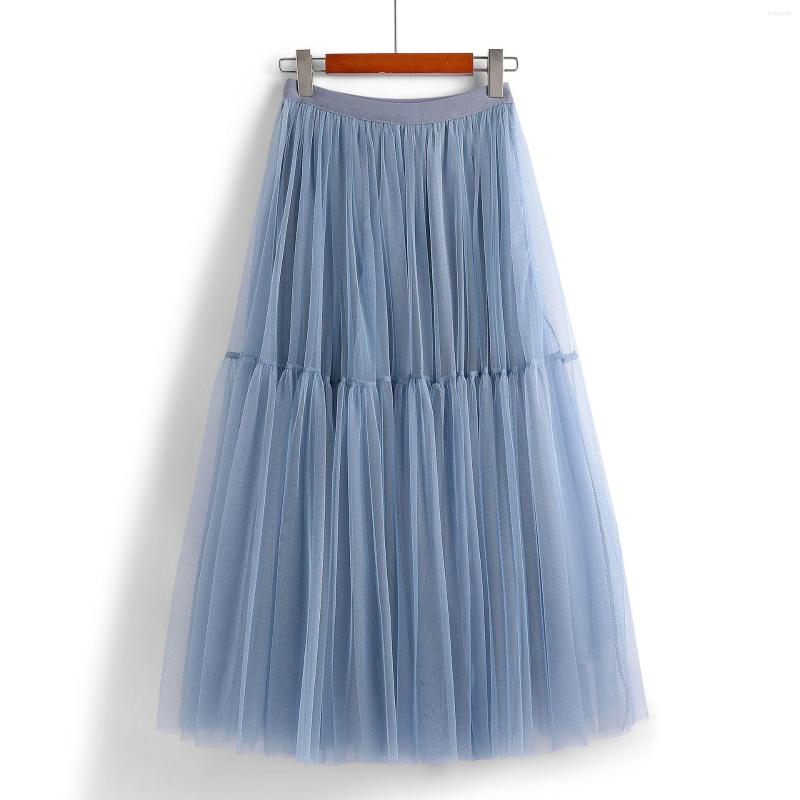 

Skirts Big Hemline Puffy Tulle Women Pleated Mesh Princess Tutu Sweet Bridesmaids Midi Elastic High Waist Faldas, Brown