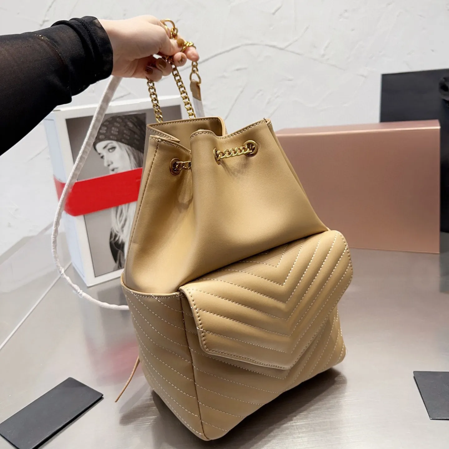 

5A Designer Bag Famous Brand Fashion Casual Style V Shaped Checked Metal Chain Multicolor Womens Backpack, Black