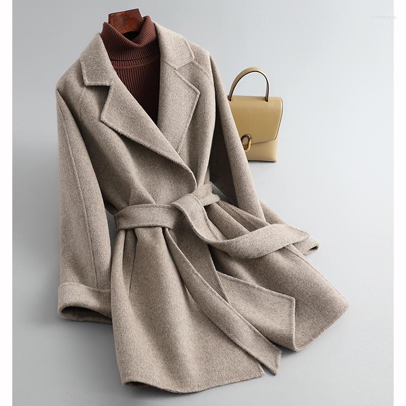 

Women's Wool 2023 Spring Women Woolen Coat Slim Belt Medium Female Real Long Sleeve Jacket, Milk tea
