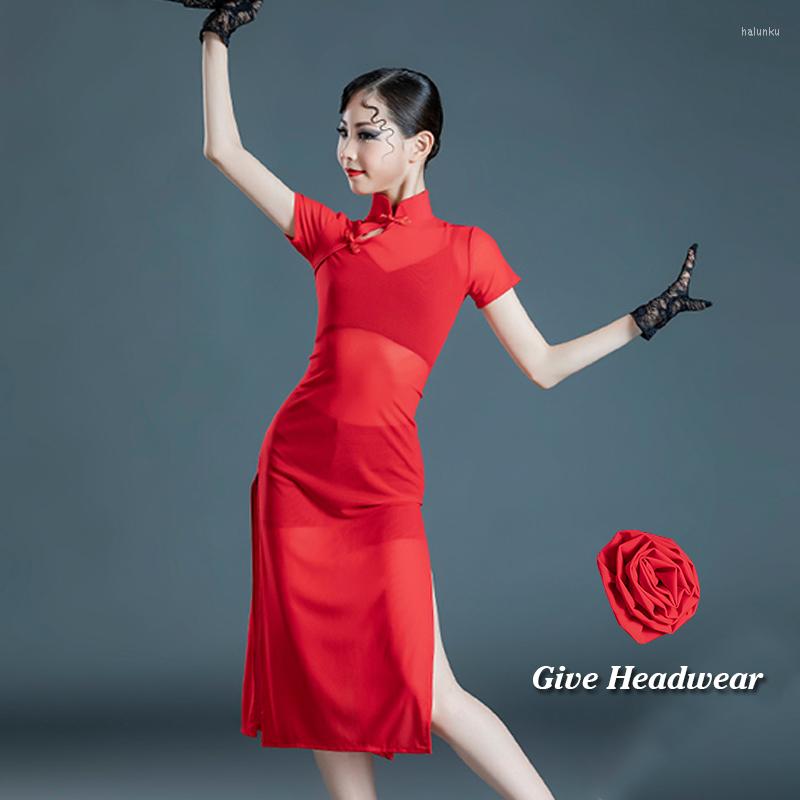 

Stage Wear Latin Dance Competition Dress For Girls Red Short Sleeve Cheongsam Style Performance Ballroom Costume BL6406, Clothes suit