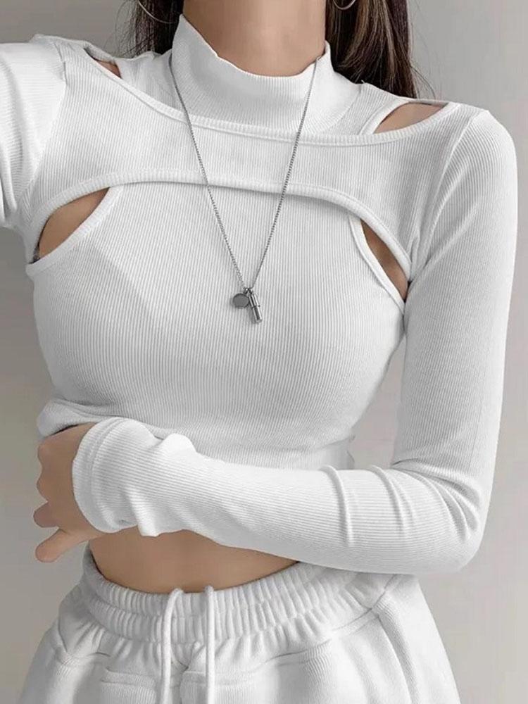 

T-Shirt Hollow Knitted Crop Tops Women New Fitness Fake Twopiece Tshirt Female Black White Long Sleeve Tops