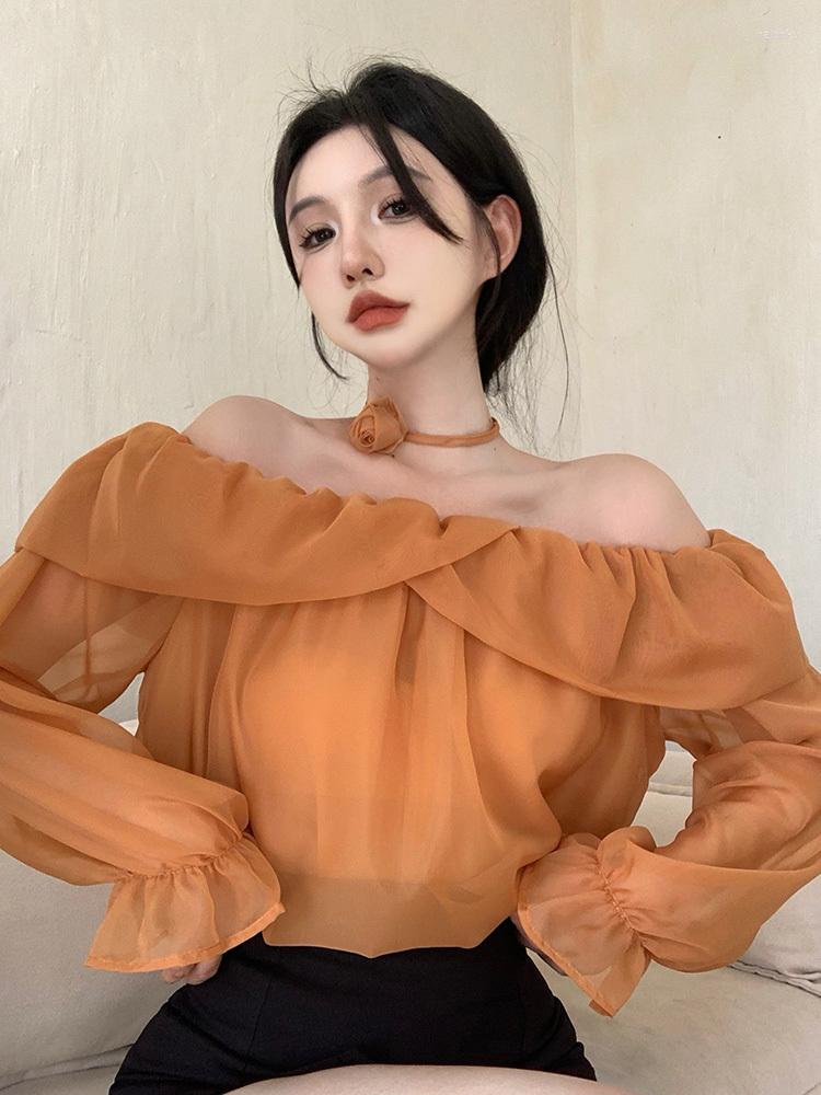 

Women's Blouses Elegant Blouse Women Slash Neck Flowers Bandage Flare Long Sleeve Off Shoulder Solid Loose Shirts Ladies Sexy Casual Tops, Beige