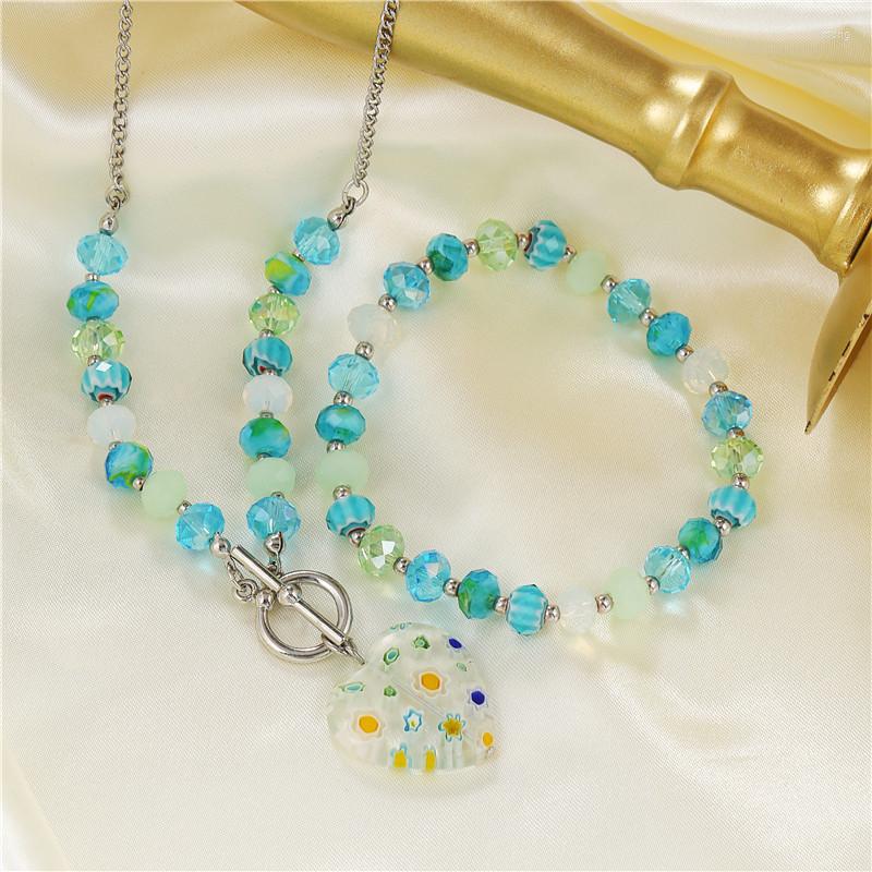 

Pendant Necklaces Fashion Retro Simple Bohemian Style Colorful Bead Necklace Women's Love Clavicle Chain Bracelet Set Jewelry