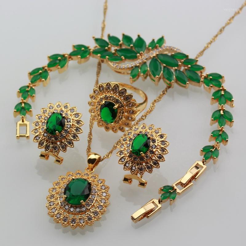 

Necklace Earrings Set Exclusive Yellow Gold Color Big With Green Stone African Costume Clip Earrings/Bracelet Choker Sets, Picture shown