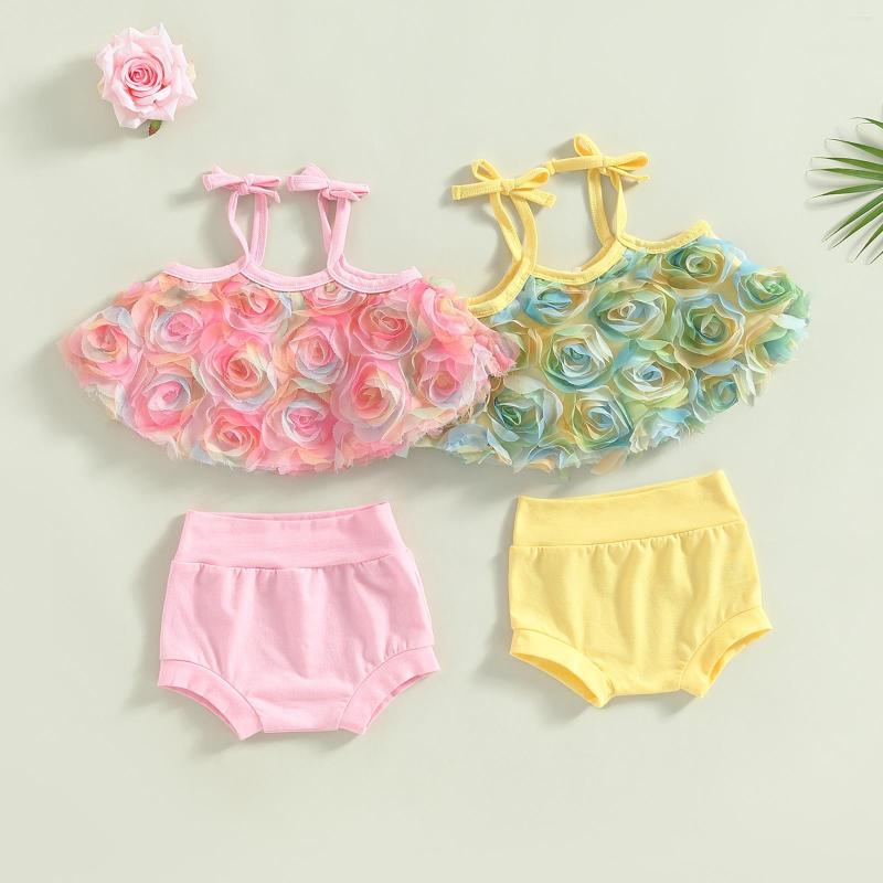 

Clothing Sets FOCUSNORM 0-18M Infant Baby Girls Summer Clothes Sleeveless Mesh Floral Sling Vest Solid Color Casual Shorts, Pink