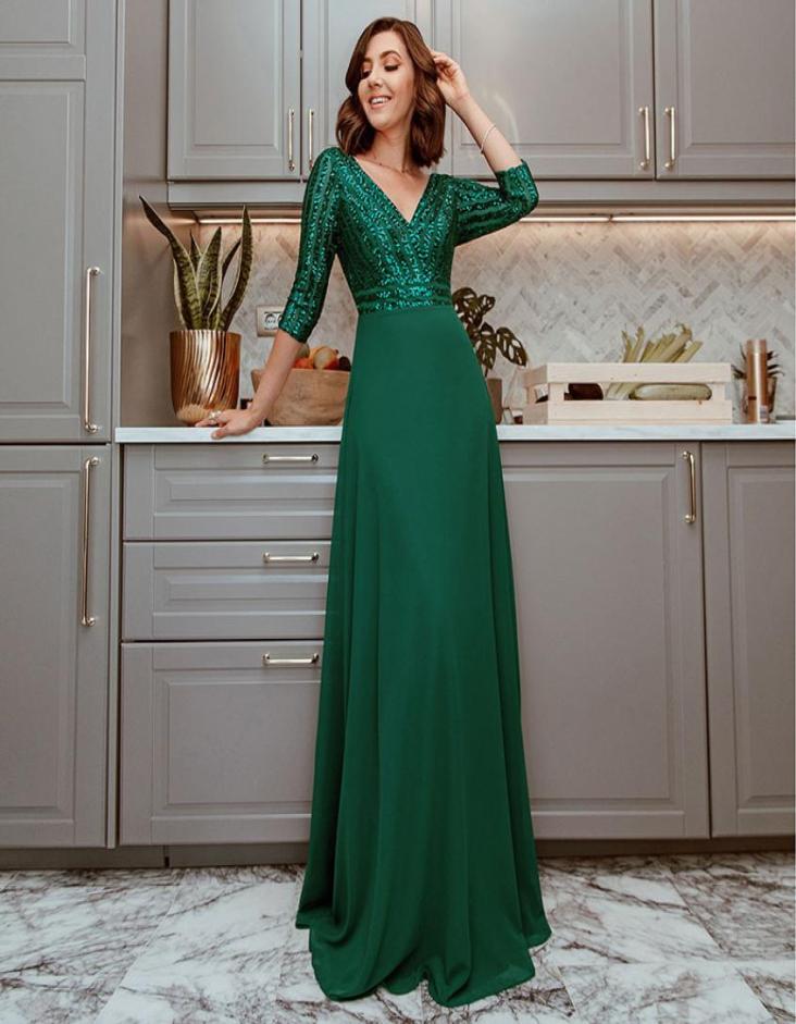 

2020 new fashion maxi dresses sexy deep Vneck Sequined Wine Red green white 34 sleeve party dresses Banquet Host Evening Dress1137285, Blue