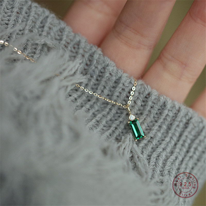 

925 Sterling Silver European Simple Square Green Crystal Pendant Clavicle Chain Necklace Women Classic Plating 14k Gold Jewelry