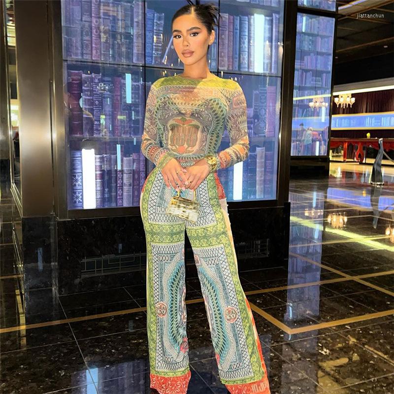 

Casual Dresses 2023 Autumn Fashion Print Sexy See-Through Long-Sleeved Top High Waist Slim Long Suit Women, Multi