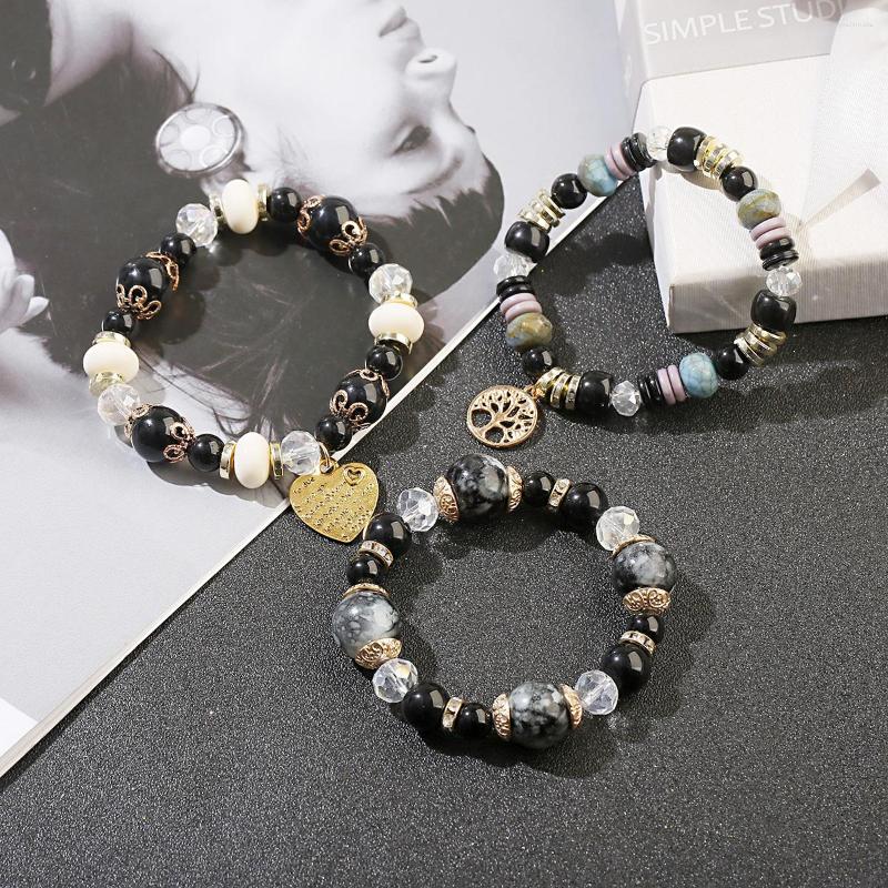 

Strand Boho Charm Black Beaded Bracelet Set For Women Alloy Heart Tree Of Life Pendant Bracelets & Bangles Bohemia Jewelry Gift