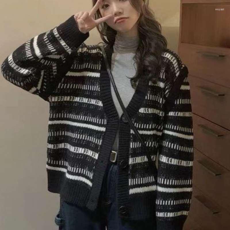 

Women's Knits Retro Striped Cardigan Loose Knit Jacket Women 2023 Autumn And Winter Fashion Foreign Style V-neck Long-sleeved Sweater, Black