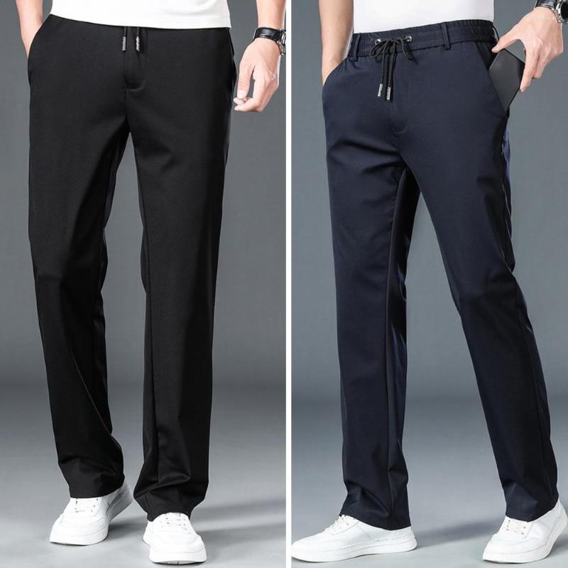 

Men's Pants Men Mid-rise Elastic Waistband Drawstring Pockets Solid Color Casual Straight Leg Thin Loose Trousers, Black