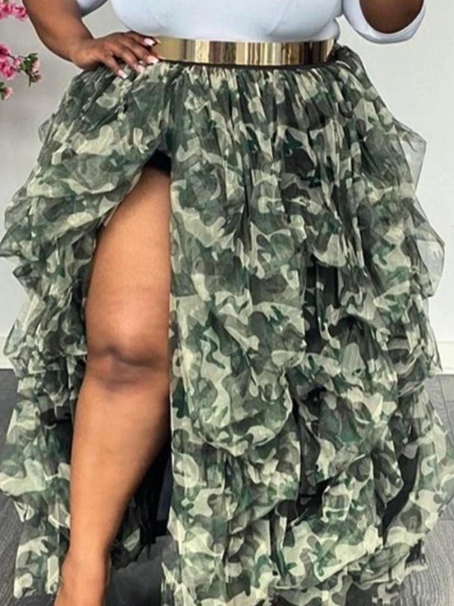 

Plus size Dresses LW Size Skirts Y2k Split Ball Gown Puffy Skirt Camo Print Gauze High Waist Elastic Casual Mesh Puff Party Evening 230512