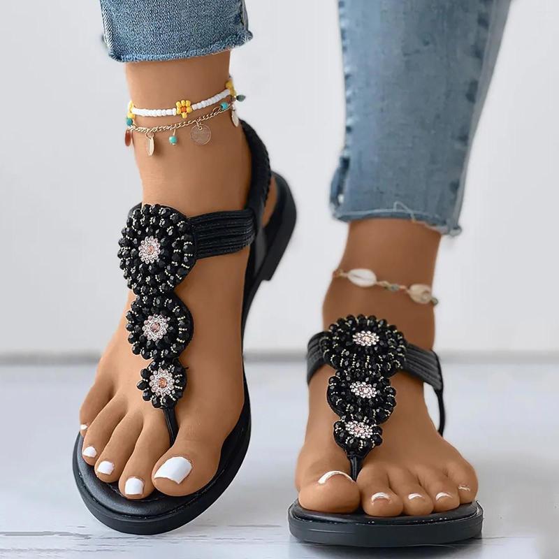 

Sandals Women Dressy Summer Elastic Ankle Strap Shoes Slingback Toe Post Bohemian Beaded Wedges Female Zapatos, Brown