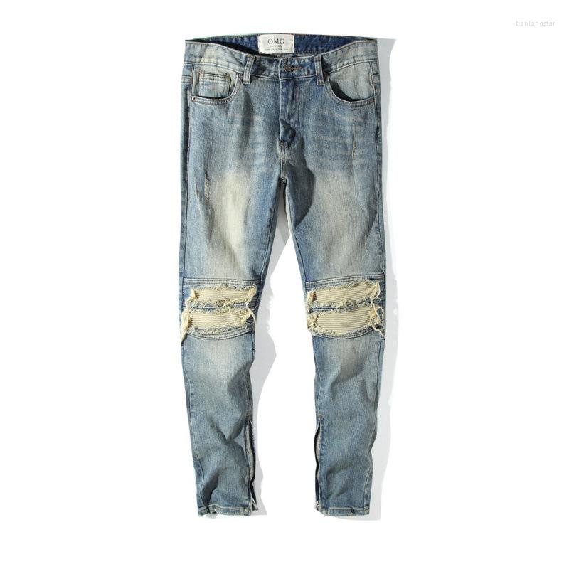 

Men's Jeans High Street Men'S Retro Wash Ripped Patchwork Leather Splicing Slim Fit Y2K Fashion Jogger Trousers Pencil For Men, Black