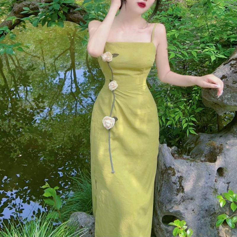 

Casual Dresses Summer Vintage Dress Swing Collar Sleeveless Slip Sexy Slit Maxi 2023 Fashion Evening Party Women Elegant Streetwear, Green