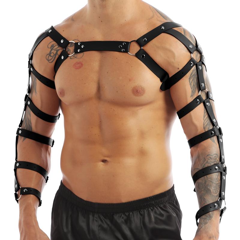 

Bras Sets Harness Mens Gothic Punk Faux Leather Adjustable Arm Caged Body Chest Muscle Cosplay Costume Belt With Metal O RingsBras, Black