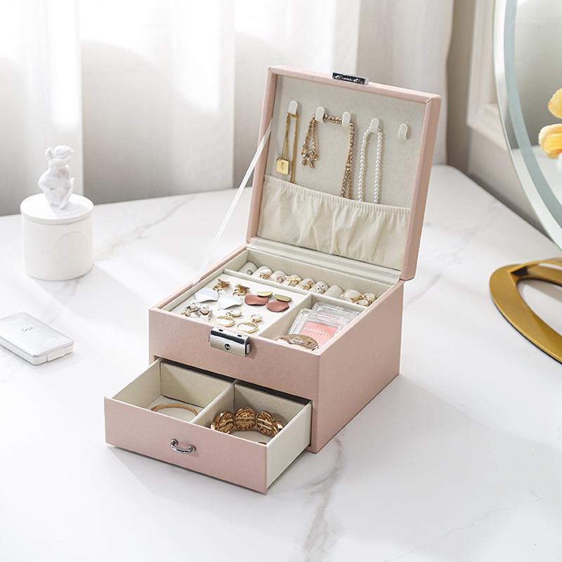 

Jewelry Pouches Multi-functional Two-layer Leather Drawer-style Box Earrings Lock