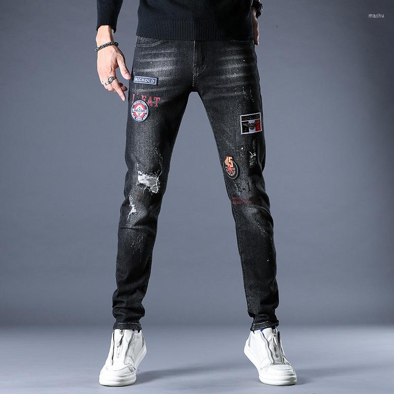 

Men's Jeans European And American Men Personality Print Ripped High Street Y2K Embroidery Slim Men's Pants, Black