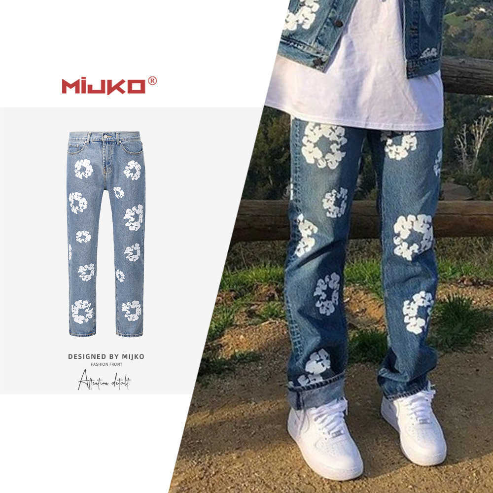 

MIJKO Men's Women's Autumn and Winter New Vintage Cotton Print Slim Fit Pants Men's and Women's Straight Leg Jeans, White
