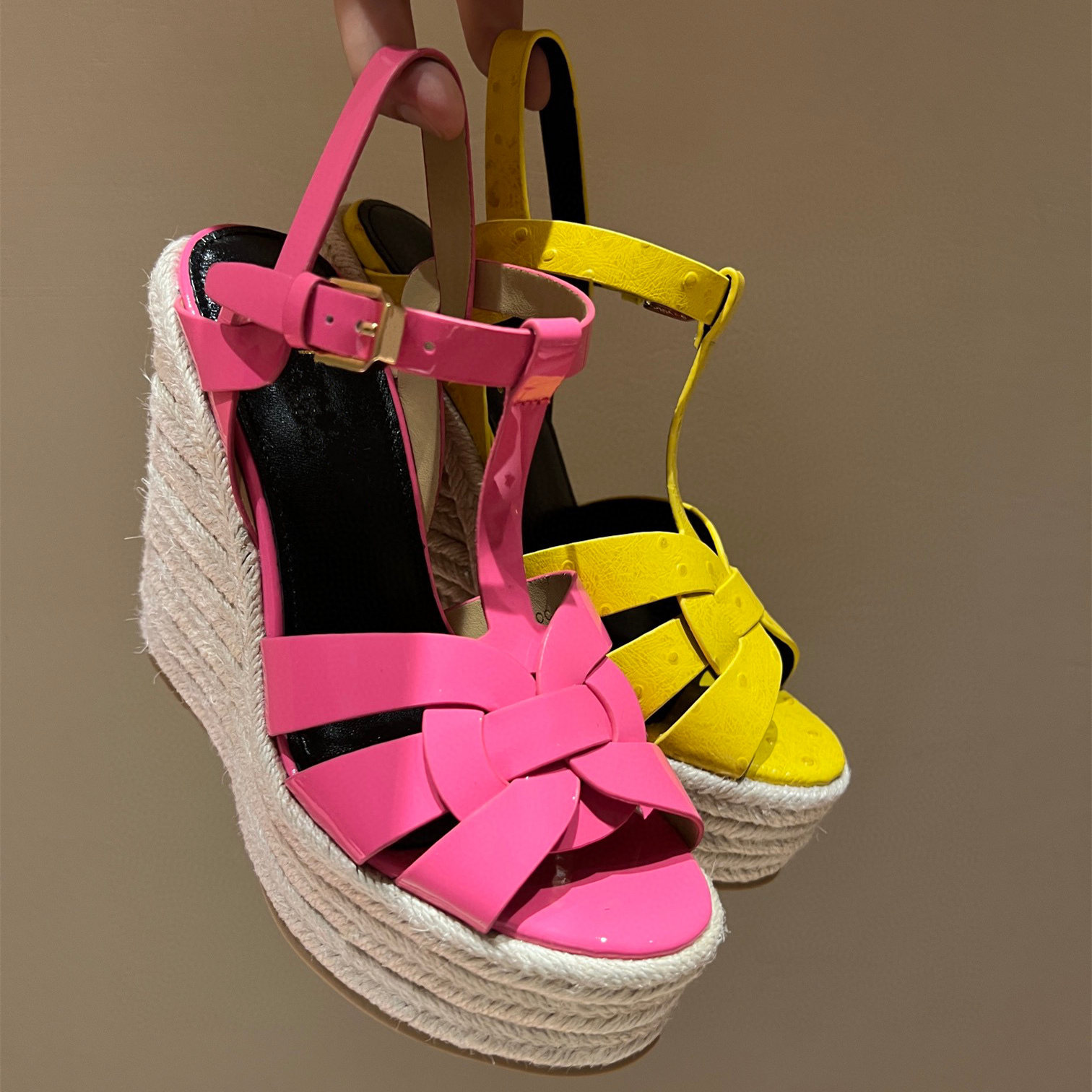 

Casual Designer Fashion Women Shoes Black Patent Leather Strappy Wedge High Heels Slingback Sandals Party Shoes, Color 2