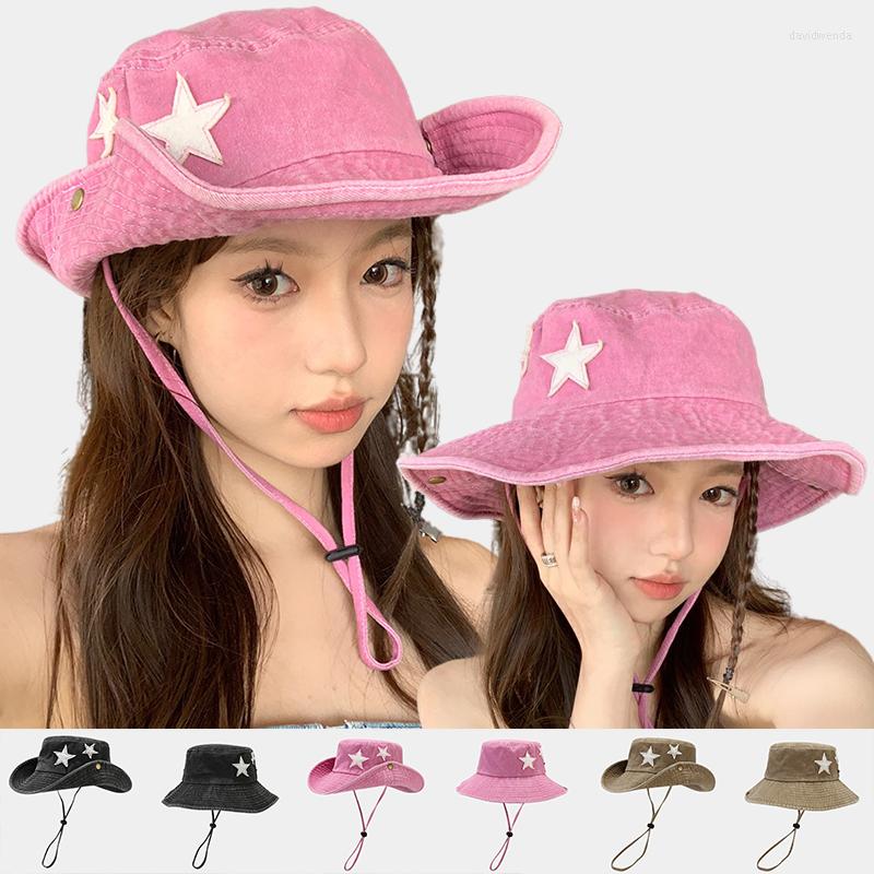 

Berets Pink Washed Denim Bucket Hats Women Girl Summer Shade Wide Brim Boonie Hat White Stars Patch Foldable Western Cowboy Camping Cap, Black