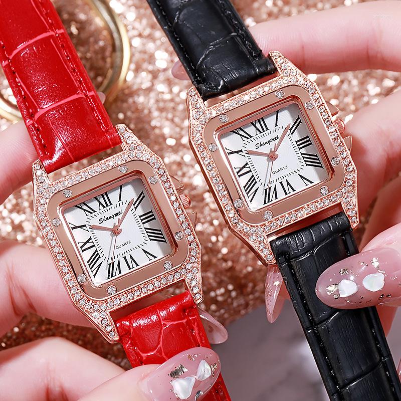 

Wristwatches Square Luxury Diamond Women Watches Leather Ladies Watch Waterproof Female Quartz Wristwatch Relogio Feminino 02, Pink