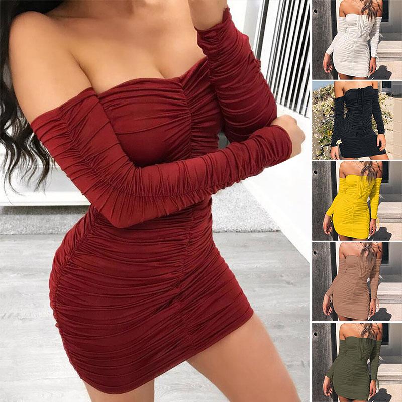 

Casual Dresses Women Autumn Winter Bandage Dress Sexy Off Shoulder Long Sleeve Slim Elastic Bodycon Party, Black