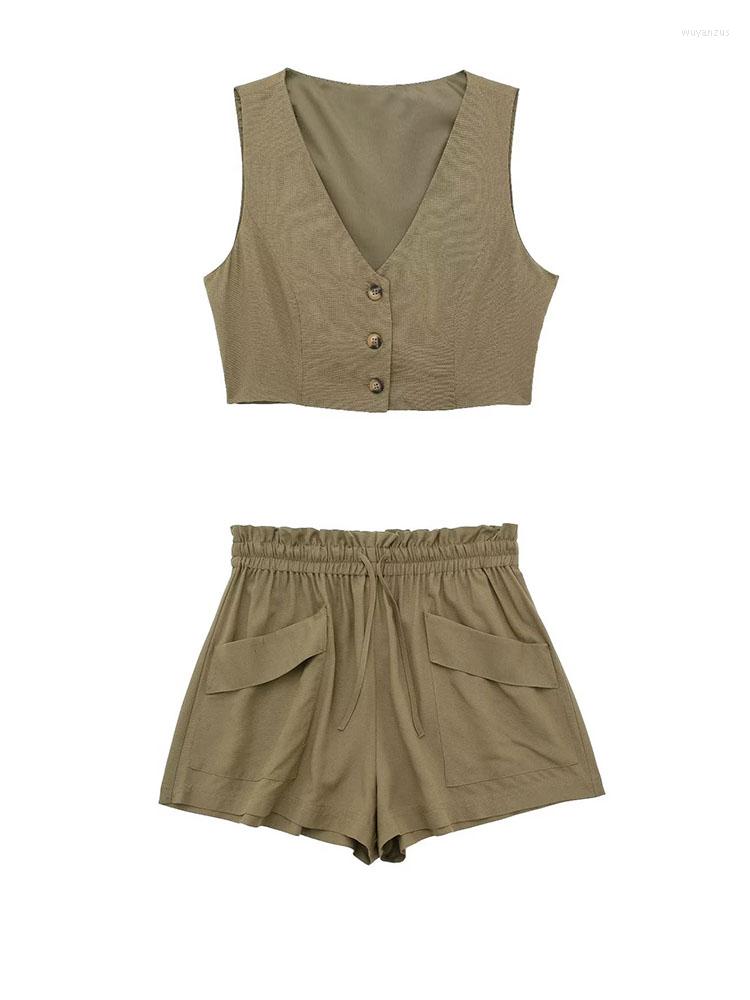 

Women's Tracksuits Summer Vest European And American Style V-neck Short Sleeveless Single Breasted Top High Waisted Shorts, Picture