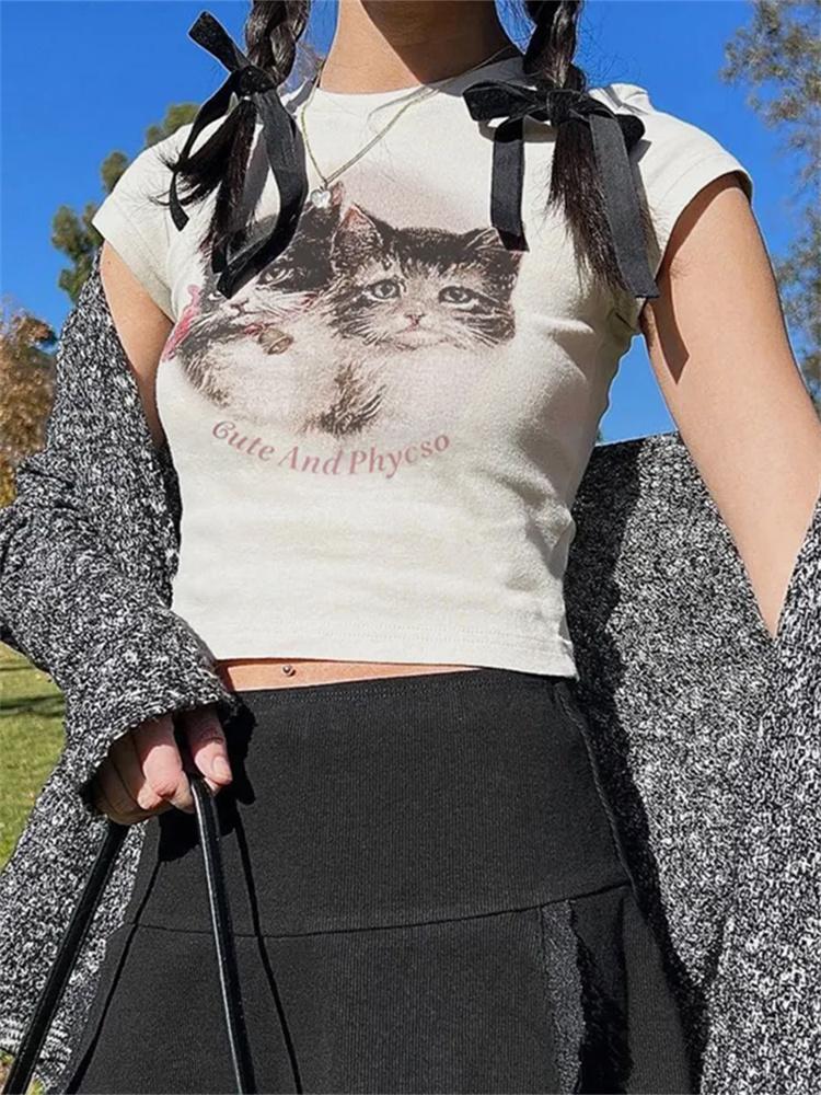 

T-Shirt 2023 Summer Tshirt Crop Tops Women Short Sleeve O Neck Slim Fit Tee Tops Cute Cat Print Gothic Aesthetic Korean Fashion Shirts, White