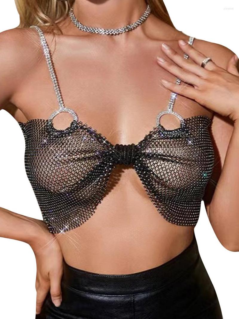 

Women's Tanks Women S Rhinestone Mesh Tops Glitter Sleeveless Spaghetti Strap Bowknot Rave, Black