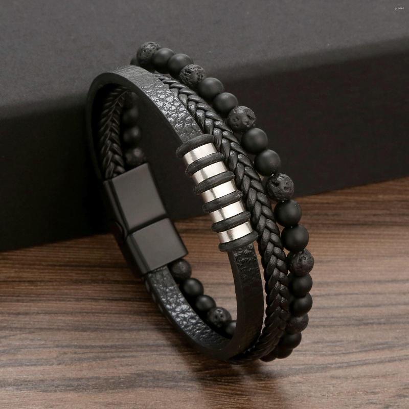 

Charm Bracelets Vintage Black Bead For Men Fashion Leather Bracelet & Bangles Multilayer Wide Wrap Jewelry 2023