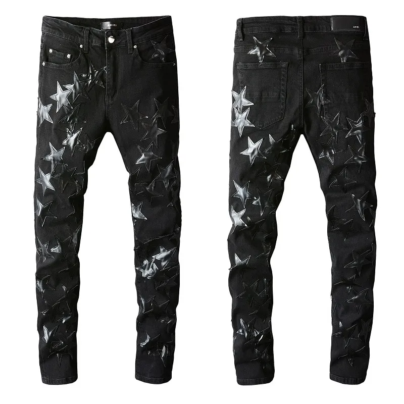 

Skinny Jeans Men Black Ripped Man Jeans Designer Mens Rip Denim Star Patches Straight Leg Zipper Fly Hole Fashion Long Hip Hop Pants 20s ZXr, 871