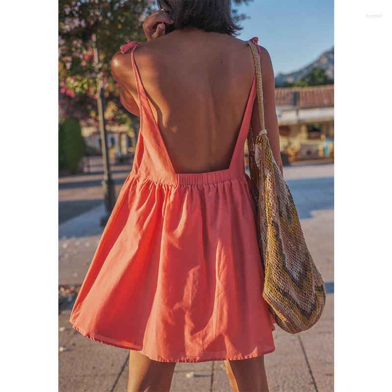 

Casual Dresses Linen For Women 2023 Summer Sexy Sleeveless Bandage Lace Up Backless Midi Party Club Mini Dress Chic Beach Sundress, Orrange red