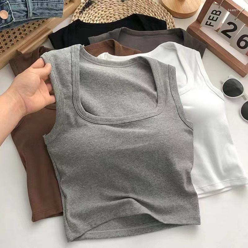 

Women's Tanks Women Knitted Sexy Crop Tops Off Shoulder Tank Built In Bra Camis For Womens Sleeveless Square Neck Vest, White