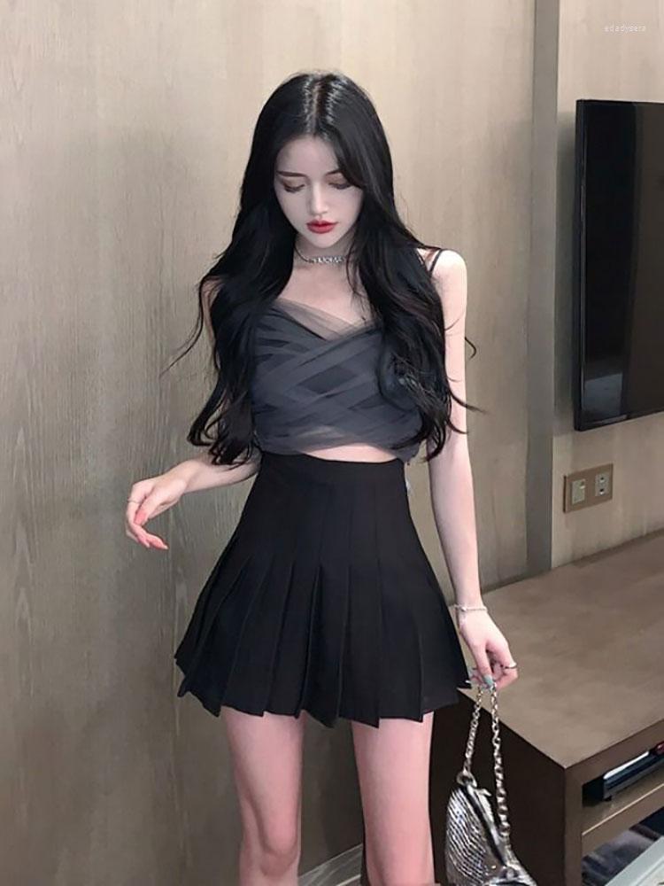 

Work Dresses Skirt Suit Women Sexy & Club 2-Piece Summer Student Slim Suspender High Waist Pleated A-Line Solid Korean Fashion 2023, Black suits