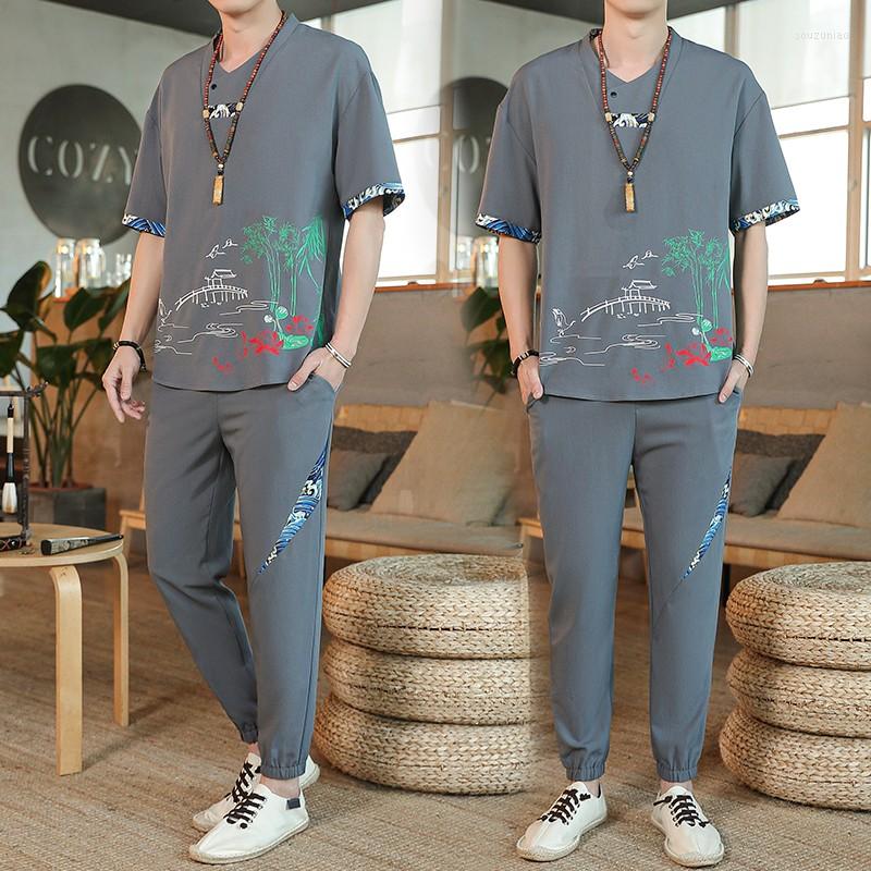 

Men's Tracksuits Chinese Style Tshirt Men Traditional Casual Summer Breathable T-shirts Two Set Male Solid Print Shirts Trousers Suits 4XL, Black